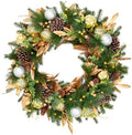 28 Inch Lighted Christmas Wreath with 50 Warm White LEDs and Timer, Battery Operated Pre-Lit Artificial Wreath with Pinecones, Ornaments and Gold Leaves for Front Door by Arborvigro