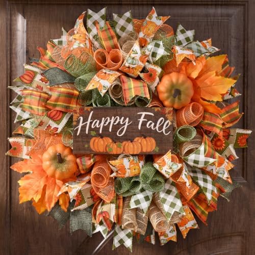 Fall Decor, Fall Wreaths for Front Door, 20" Wreath Mesh Bow with Wood Sign by Waipfaru