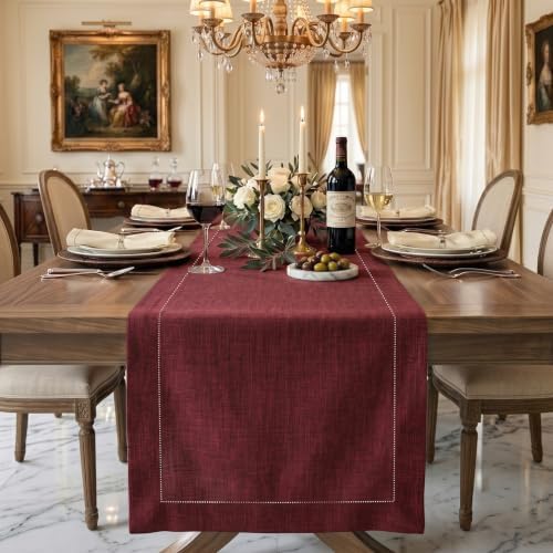 Signature Linen™ by D'Moksha, Dark Red Chambray Table Runner 90 Inches Long, 100% Pure Linen, Hemstitch, 14 x 90 Inch Table Runner for Dresser, Dining- Fall, Weddings, Outdoor Hosting by DMokshaHomes