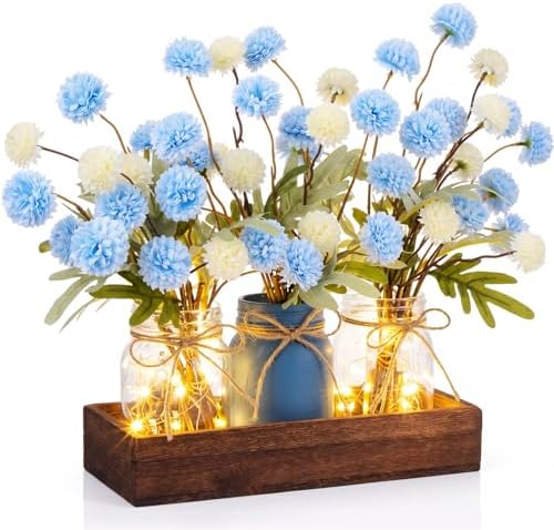 Suncalla 3pcs Blue White Fake Kiku Flowers Mason Jar Centerpiece by Unknown