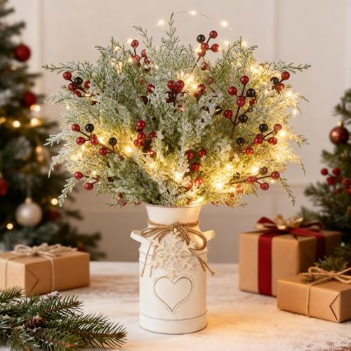 Christmas Table Decorations Set with 5 Pcs 20" Christmas Artificial Pine Branches with Red Berry Stems,White Iron Vase, LED String Lights, Snowflake Wood Chips and Hemp Rope for Xmas Winter DIY Decor - Image 4