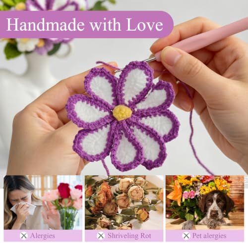 Crochet Flower Bouquet, Purple Handmade Knitted Flowers with Card - Image 5