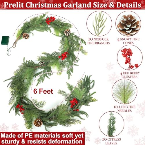 Prelit & Timer - 6FT Christmas Garland with Lights, Real Touch Norfolk Pine Garland Green Cedar Garlands Pine Needle Cypress Leaves Pinecone Red Berries Lighted Garland for Fireplace Table Xmas Decor - Image 2