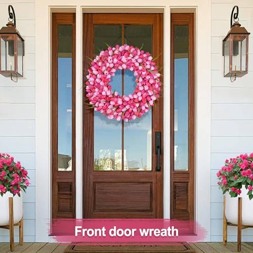 Pink Tulip Wreath Spring Wreaths for Front Door Zmtyykh Artificial Floral Door Wreath for Valentine’s Day Easter Summer Decor for Outdoor Indoor Window Wall Front Porch Farmhouse Home 22 Inch - Image 6
