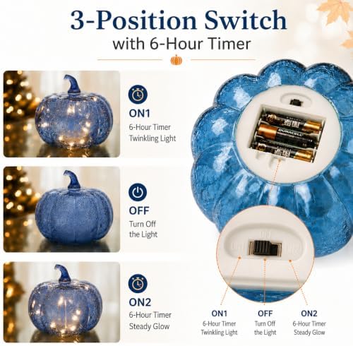 Indigo Blue Crackle Glass Pumpkin Light with 2 Lighting Modes and 6-Hour Timer, 5.5 x 6 Inch Battery Operated Fall Decor for Halloween, Thanksgiving and Christmas - Image 5
