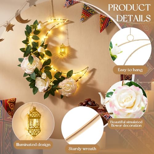 Ramadan 12.6 Inch Moon Wreath with LED Lights, Eid Mubarak Decorations for Home, Hanging Metal Crescent with Artificial Flowers & Greenery, Wall Door Decor for Ramadan Kareem Eid Celebration - Image 3
