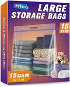 HIBAG 15 Gallon Large Storage Bags, 24” x 24” Resealable Clear Bags with Handle, Extra Large XL Heavy Duty for Clothes Pillow Travel Moving, Pack of 15 by HIBAG