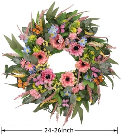 Wreaths for Front Door 26 Inch Spring Summer Wreath with Eucalyptus Leaves Pink Blooms Butterfly,for Year-Round Use Indoors and Outdoors as Wall, Door, Window, Party and Wedding Decorations - Image 4