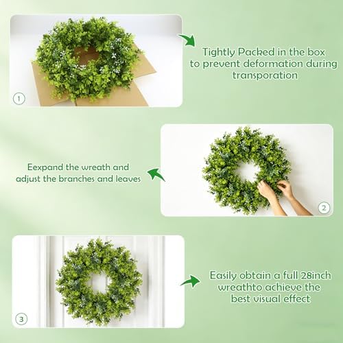Large Boxwood Wreath for Front Door, 28" Artificial Spring and Summer Greenery Wreathwith White Flower Buds, All-Season Home Decor for Walls, Windows, Parties, Weddings, Indoor Outdoor - Image 5