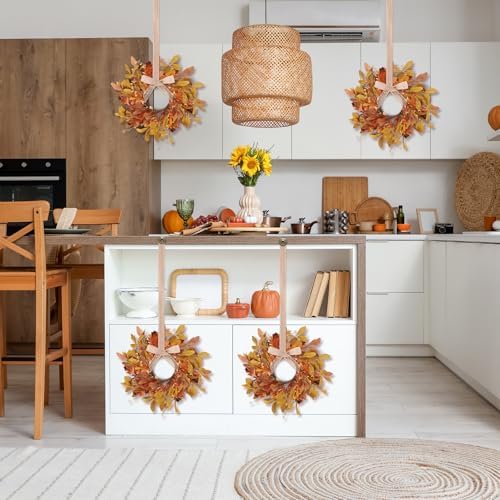 6 PCS 9" Mini Fall Wreaths for Kitchen Cabinets Fall Wreaths for Front Door Autumn Wreath with Golden Eucalyptus Leaves Oak Leaves with Ribbon for Farmhouse Home Wall Window Festival Wedding Decor - Image 6