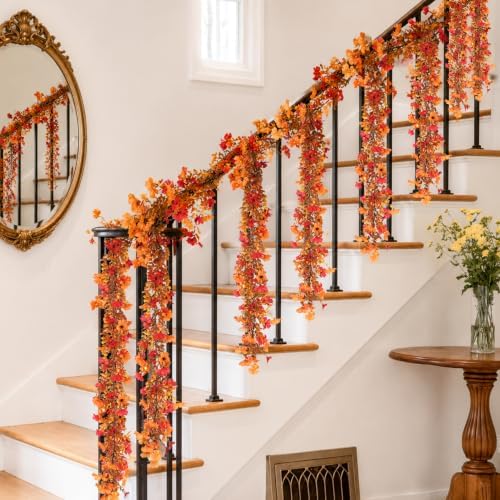 6 Pack Artificial Fall Garland for Mantle, 6.2 Long Fall Mums Flowers Garland with Orange Leaves for Wedding Thanksgiving Arch Indoor Outdoor Harvest Wall Decoration - Image 6