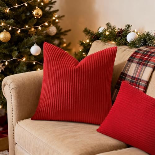 Mecatny Corduroy Throw Pillow Covers 24x24 Set of 2 Christmas Red - Image 2