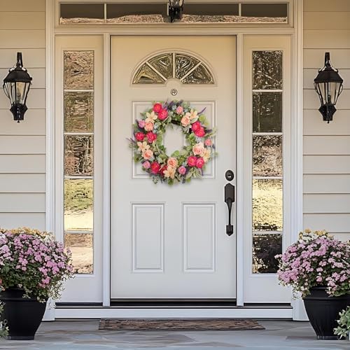 24 Inch Spring Wreath for Front Door, Magenta Pink Rose Floral Wreath with Lavender, Eucalyptus, Lamb's Ear and Blue Wildflowers, Silk Summer Wreath for Home Porch Wall Window Seasonal Decor - Image 4