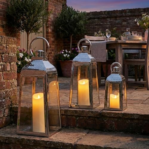TRIROCKS Set of 3 Stainless Steel Candle Lanterns 20.5''&16''&12''H Decorative Candle Holders with Tempered Glass for Indoor Outdoor Porch Parities and Wedding(Silver) by TRIROCKS