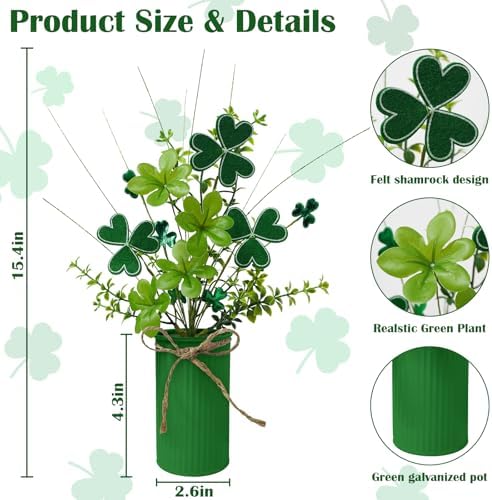 TORONTOKYO 6Pcs St Patricks Day Decorations Artificial Potted Plant Green Shamrock Stems Floral Picks Small Fake Plant for Home Party Table Centerpiece Decor - Image 3