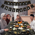 Ramadan Party Supplies Decorations for Home, Eid Ramadan Mubarak Banner Black and Gold Plates and Napkins Set, Disposable Paper Plates Napkins Banner Tablecloth for Ramadan Party Decorations, Serve 25 - Image 7