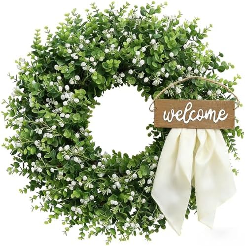 Artificial Boxwood Wreath for Front Door, Farmhouse Year Round Greenery Wreath, Indoor Outdoor with Hanging Tag and Scarf DIY Decor, All Seasons Holiday Decoration (24Inch) - Image 3
