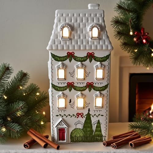 Cynkeyee Christmas Village Houses Party Decorations - Christmas House Décor White Ceramic Decorations Indoor Shelf Tabletop Decor 4x3.5x8.5 Inch - Image 4