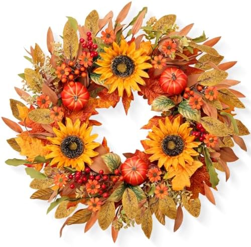 Artificial Fall Wreath 24 Inch Fall Wreaths for Front Door by MAINGKAUNG