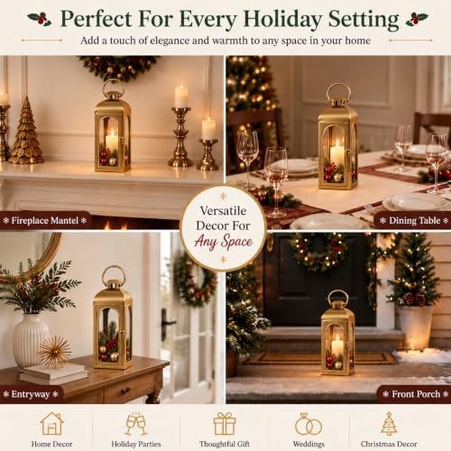 Christmas Decorative Lantern Gold Metal Candle Holder 16'' Tempered Glass - Image 6