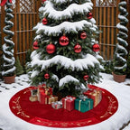 QOUBAI 48inch Christmas Tree Skirt Red Luxury Velvet Plush Fur Skirts with Gold Embroidery Xmas Velvet Tree Skirt Holly Leaves Gold Embroidered Tree Skirt for Christmas Holiday Party Decorations - Image 5
