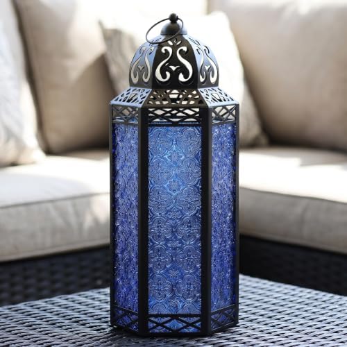 Vela Lanterns Decorative Indoor Candle Holder Table Centerpieces - Moroccan Hanging Outdoor Patio & Porch Home Decor, Turkish Floor Lamp for Wedding, Ramadan (Extra Large 16", Cobalt Blue Glass) - Image 2