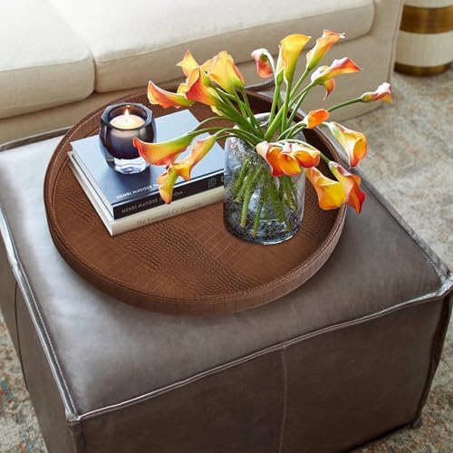 HofferRuffer Round Serving Tray 20'', Elegant Faux Leather Circle Ottoman Table Tray, Serve Tea Coffee Breakfast in Bedroom Living Room Kitchen (Brown) - Image 5