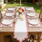 Set of 6 Cotton Linen Placemats, 13''x 19'' Wavy Embroidery Scalloped Placemats Washable Rustic Dinner Waterproof Table Mats (red) - Image 4