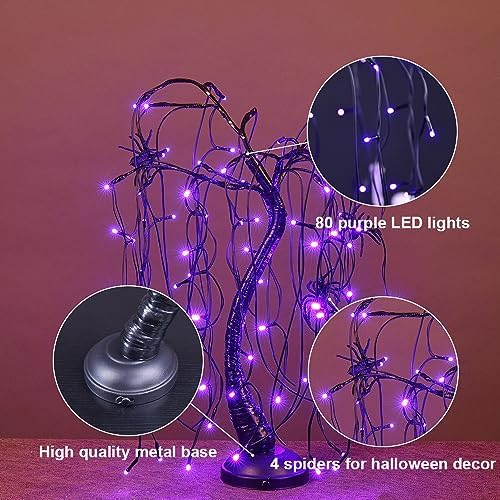 24Inch Halloween Lighted Willow Tree Bonsai Light 80 Purple LED Lights Table Top Lamp Artificial Tree Desk Decor with 4 Spiders Adapter Plug in/Battery Powered for Christmas Nativity Decoration - Image 3