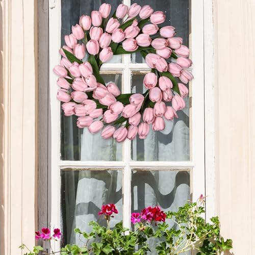 24 Inch Tulip Summer Wreath for Front Door Spring Silk Wreath with Green Leaves Artificial Tulip Flower Wreaths for All Seasons Farmhouse Porch Wall Living Room Home Widding Decor - Image 4