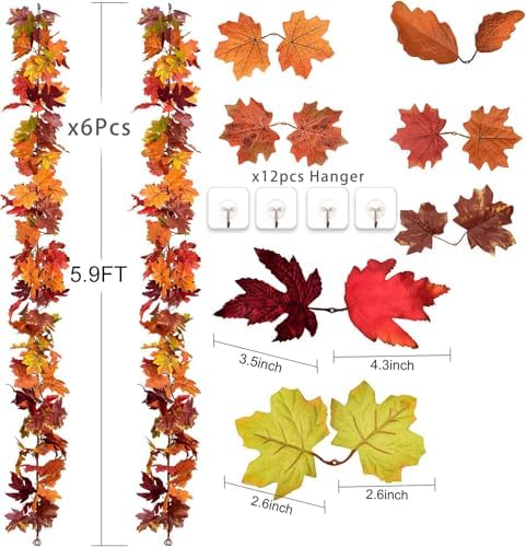 DearHouse 6 Pack Fall Garland Maple Leaf Clearance, 5.9Ft/Piece Hanging Vine Artificial Autumn Garland Thanksgiving Decor for Home Wedding Fireplace Party Christmas (Brown) - Image 6