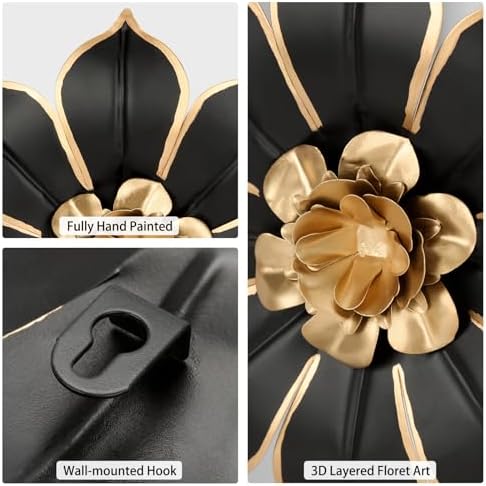 Villa Como Set of 3 Black and Gold Metal Flowers Wall Art Decor 10" - Image 3