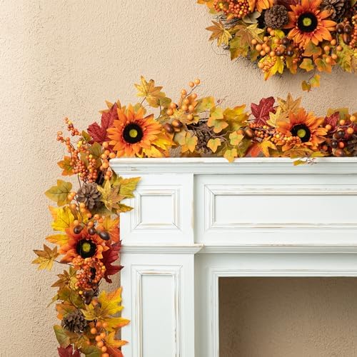 Glitzhome 6FT Fall Thanksgiving Garland, Artificial Hanging Sunflower & Maple Leaf & Berry Garland, Autumn Decor for Home Christmas Thanksgiving Halloween Wedding - Image 2