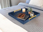 HofferRuffer Faux Leather Serving Tray with Gold Metal Handles, Stylish Decorative Tray Organizer for Coffee Table, Ottoman, Home Decor and Serving (Blue Shagreen, 18.9" x 18.9" x 2") - Image 3