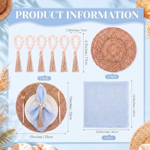 Fanfanwin Set of 6 Boho Woven Placemats with Light Blue Napkins, 13 in - Image 2