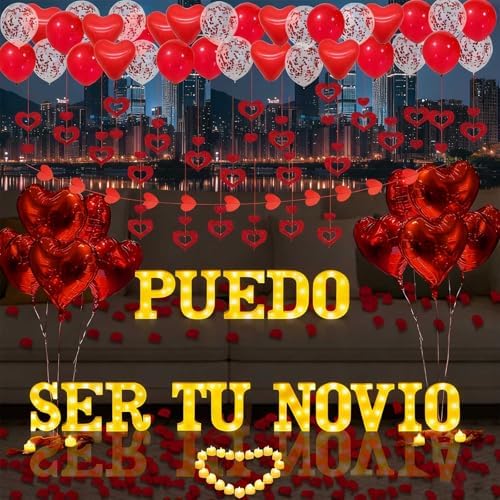 Puedo Ser Tu Novio Light Up Letters Proposal Decorations, 15Pcs 6.3" Letter Signs, 24Pcs Flameless Candles 2000Pcs Red Artificial Rose Petals 40Pcs Latex Balloons 10Pcs Heart Balloon Valentine's Day by Fezava