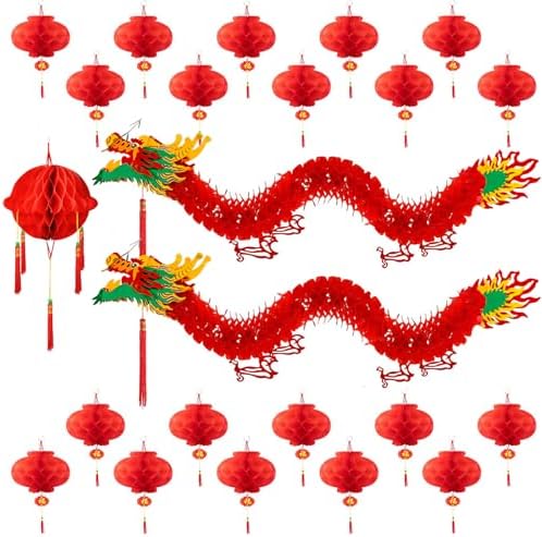 23Pcs Chinese Decorations for Party with 2 3D Dragons & 20 Red Lanterns by Peywot