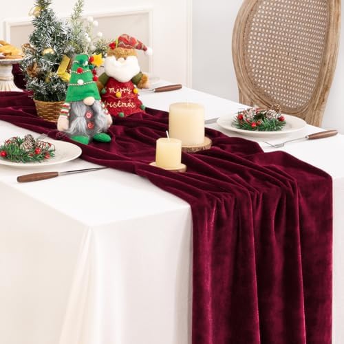 DeZerlor 3pcs Burgundy Fall Winter Velvet Table Runner 20 x 120 Inch - Image 5