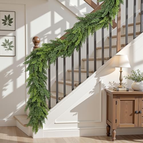 Alupssuc 9FT Christmas Garland, Cedar Garland -Real Touch Artificial Greenery Cypress Pine Garland for Mantle Table Railing Fireplace Indoor & Outdoor Christmas Decoration - Image 5