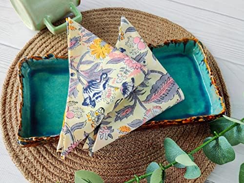 AVKA Studio Cotton Print Dinner Napkins 18x18 inches - Washable Cloth Napkins Set of 12 - Everyday Use or Dinner Party and Events - Light Yellow Indian Block Printed Fabric - Image 3