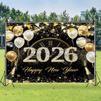 2026 Happy New Year Backdrop 10x8ft Black and Gold New Years Backdrop with Balloons Champagne Photography Background for New Year's Eve Party Photo Props - Image 3