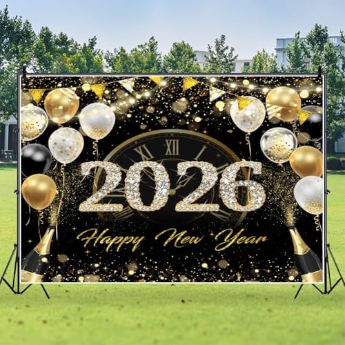2026 Happy New Year Backdrop 10x8ft Black and Gold New Years Backdrop with Balloons Champagne Photography Background for New Year's Eve Party Photo Props - Image 3