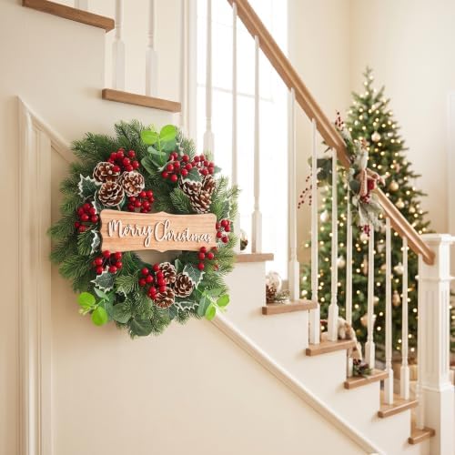 20" Merry Christmas Wreaths for Front Door Winter with Pine Needles Eucalyptus Holly Leaves Pine Cones Red Berries for Indoor Outdoor Home Wall Decor Decoration - Image 4