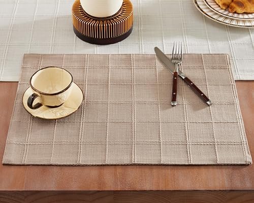 ZeeMart Linen Checked Farmhouse Placemats Set of 6, Taupe 13x19in by ZEEMARTONLINE
