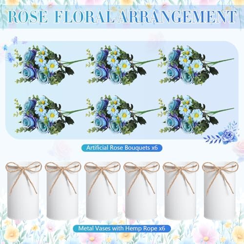Domensi 6 Sets Wedding Centerpiece for Table Decoration Blue Artificial Fake Rose Flower with Metal Vase Faux Silk Rose Bouquet Floral Arrangement for Bridal Shower Home Dining - Image 5