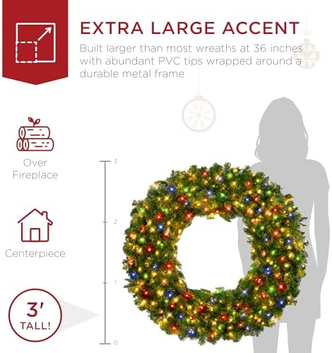 Best Choice Products 36in Large Artificial Pre-Lit Fir Christmas Wreath Holiday Accent Decoration w/ 150 Multicolor Lights, 300 PVC Tips - Image 4
