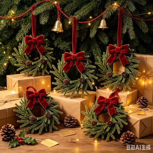 6 Set Christmas Hanging Wreaths Small Artificial Pine Cedar Wreaths with Red Velvet Ribbon Pine Cones Mini Faux Evergreen Wreath for Front Door Porch Cabinet Window Xmas Holiday Home Decorations - Image 7