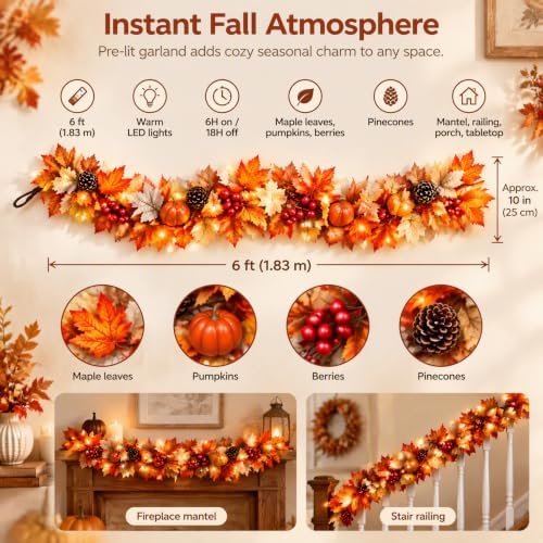 Fall Garland with Lights, 6 FT Maple Leaves with Pumpkins and Timer - Image 2