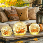NEEDOMO Fall Table Decor, Set of 3 Sparkling Crackle Glass Ball with LED Lights Timer Pumpkin Gnomes for Thanksgiving Decor, Autumn Centerpieces Thanksgiving Decorations for HomeTabletop Mantel Indoor - Image 2