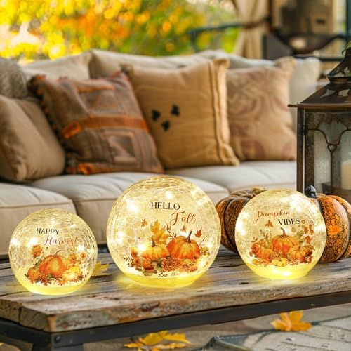 NEEDOMO Fall Table Decor, Set of 3 Sparkling Crackle Glass Ball with LED Lights Timer Pumpkin Gnomes for Thanksgiving Decor, Autumn Centerpieces Thanksgiving Decorations for HomeTabletop Mantel Indoor - Image 2